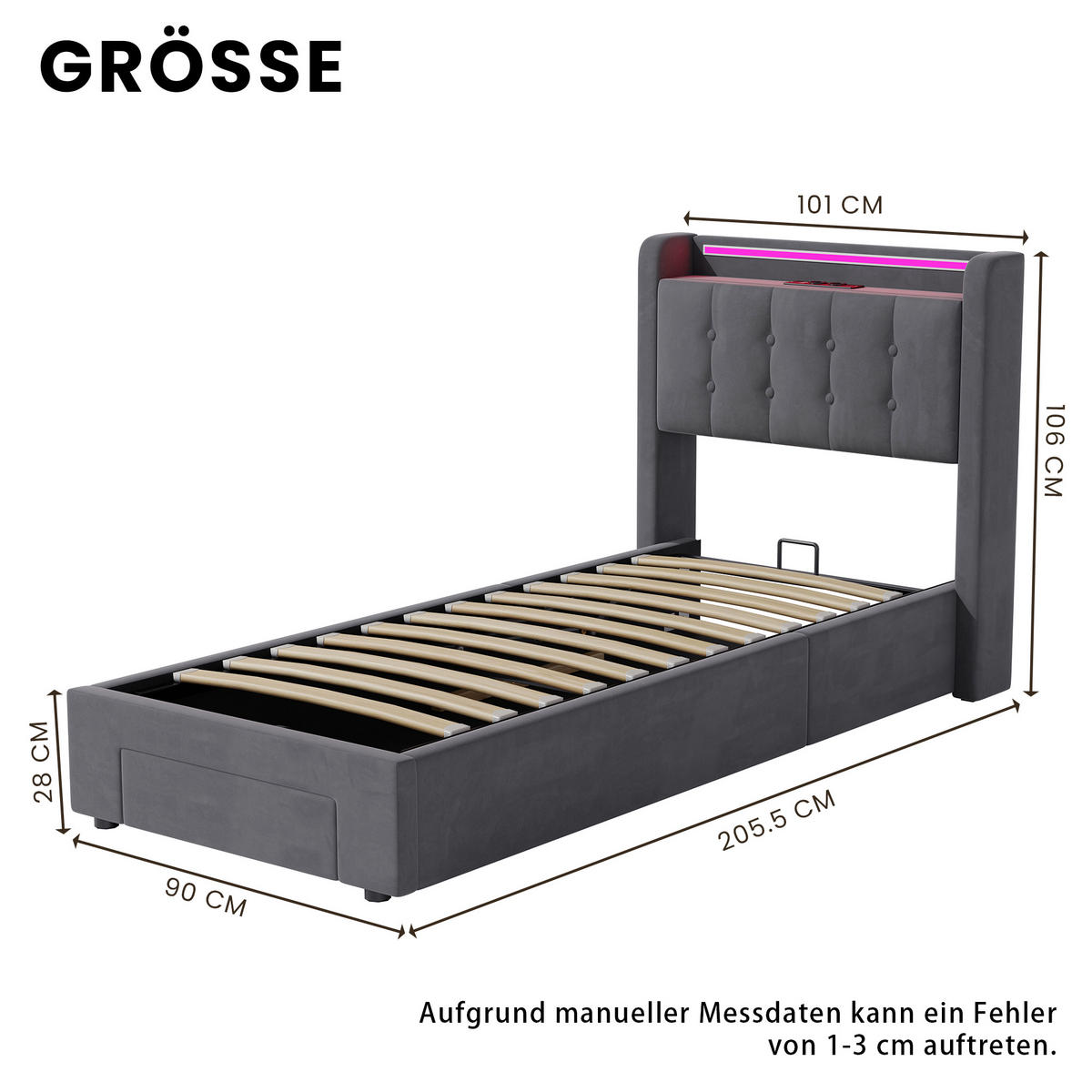 POLSTERBETT 90x190 cm in Dunkelgrau Samt mit Bettkasten, Schubladen und USB/LED-Beleuchtung, Einzelbett - Dunkelgrau, Holzwerkstoff/Textil (90/190cm) - CHICFURN