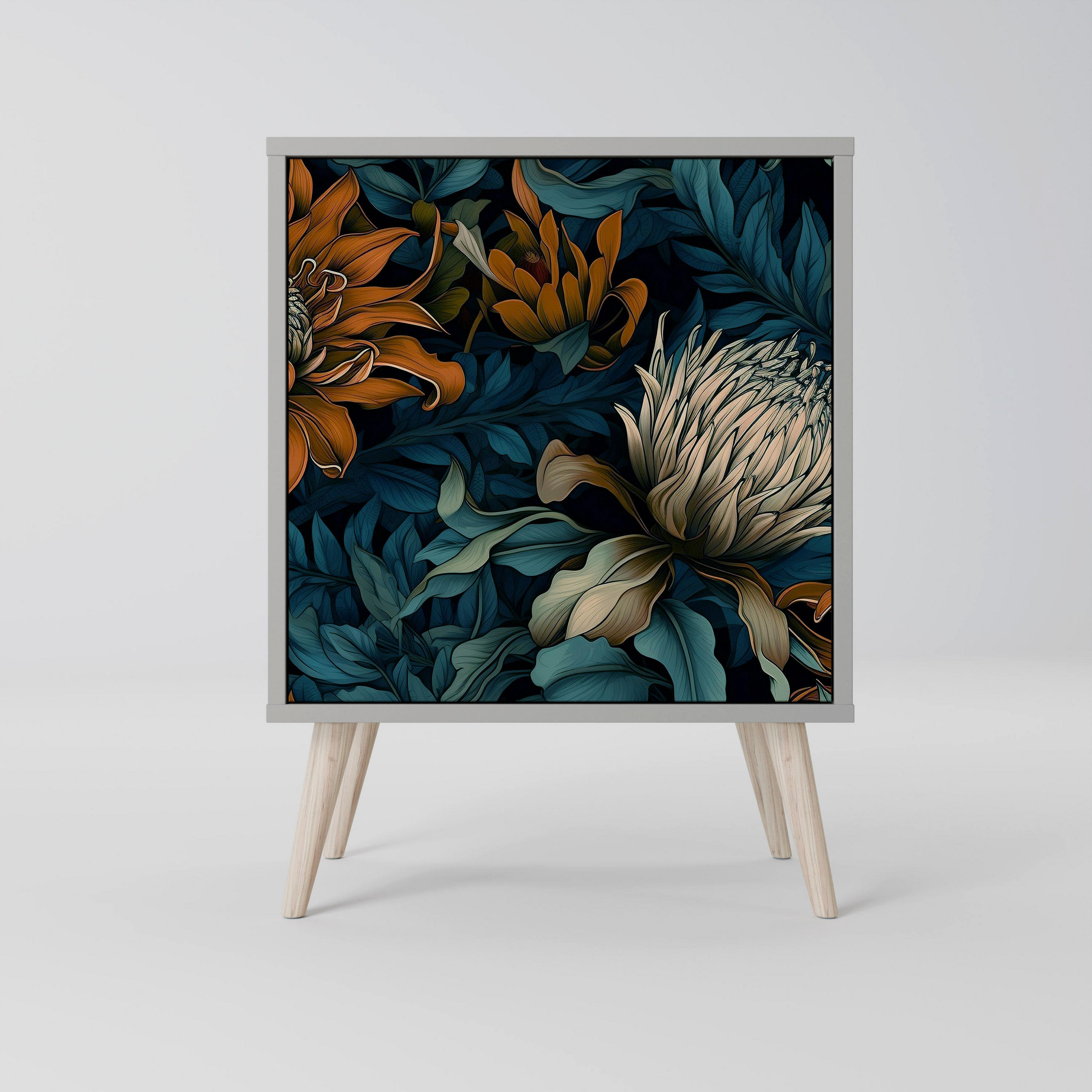 SIDEBOARD MORNING BLOOM, Grau, 57,5x42x77,5 cm, Schräge Buchenholzfüße - Buchefarben/Multicolor, Holzwerkstoff/Buchenholz (57.5/77.5/42cm) - SpaceRebels
