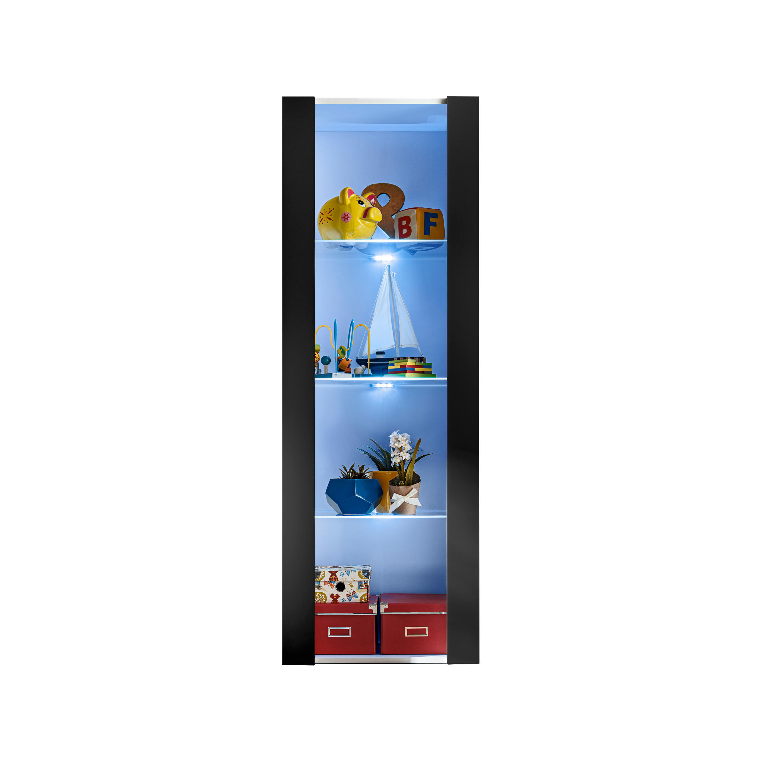 VITRINE TIVOLI, Weiß + Schwarz, LED Mehrfarbige - Schwarz/Weiß, Glas/Holzwerkstoff (55/159/35cm) - Komodee