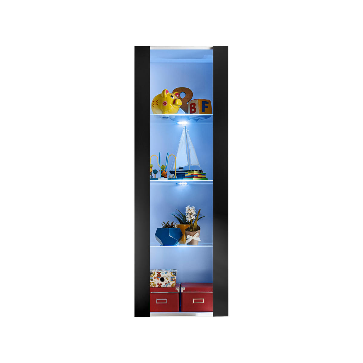 VITRINE TIVOLI, Weiß + Schwarz, LED Mehrfarbige - Schwarz/Weiß, Glas/Holzwerkstoff (55/159/35cm) - Komodee