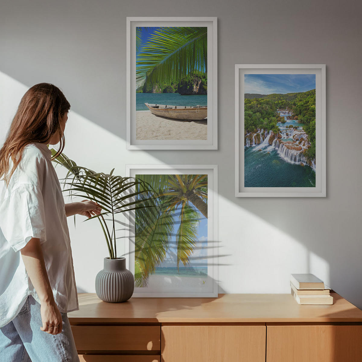 WANDBILDER 3er-Set - 40x60 cm Weißer Rahmen - Strand, Boot, Wasserfälle, Palmen - Weiß, Kunststoff (40/60cm) - ArtPrintCave