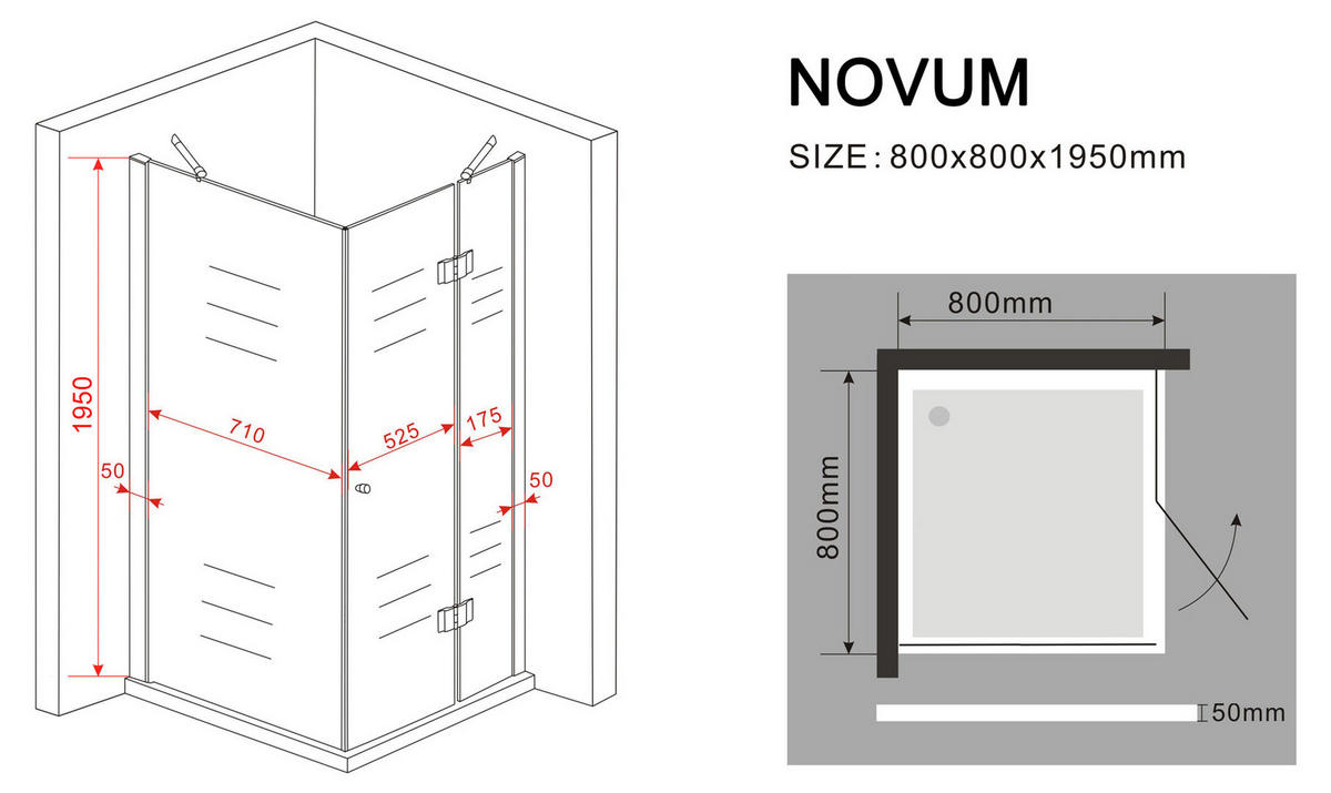 DUSCHKABINE NOVUM Klar 80 x 80 x 195 cm 8 mm ESG - Klar, Glas (80/80/195cm) - Glasdeals