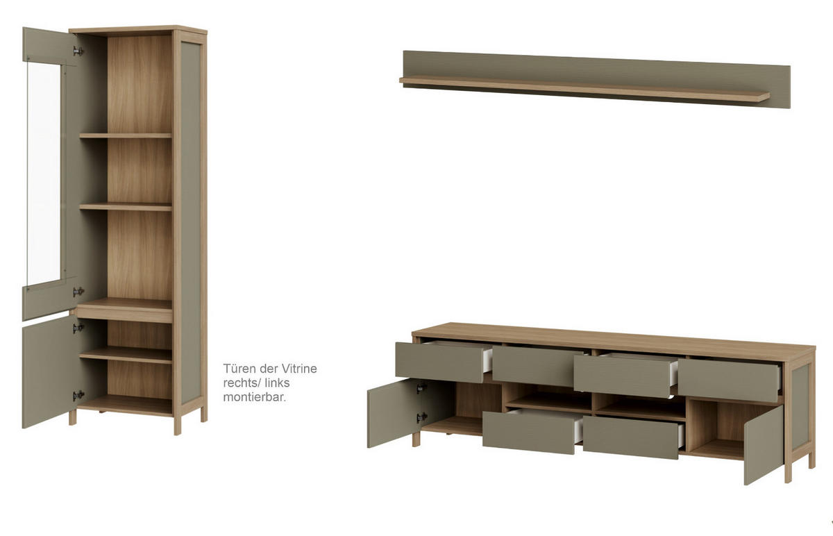 WOHNWAND Salbei grün, Eiche skandinavisch, Wohnkombination 3-teilig 266 cm mit Soft-Close - Salbeigrün/Eichefarben, Holzwerkstoff/Metall (266/195/39cm) - Furn.Design
