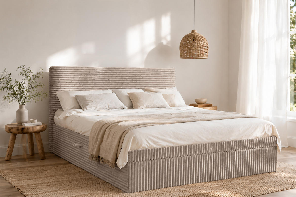 BOXBETT Bettkasten Und Topper TRENTO Ohne Bein Stoff Plüsch Cord 160x200 cm Beige H3-Bonell - Beige, Holz/Textil (160/200cm) - Kaiser Möbel