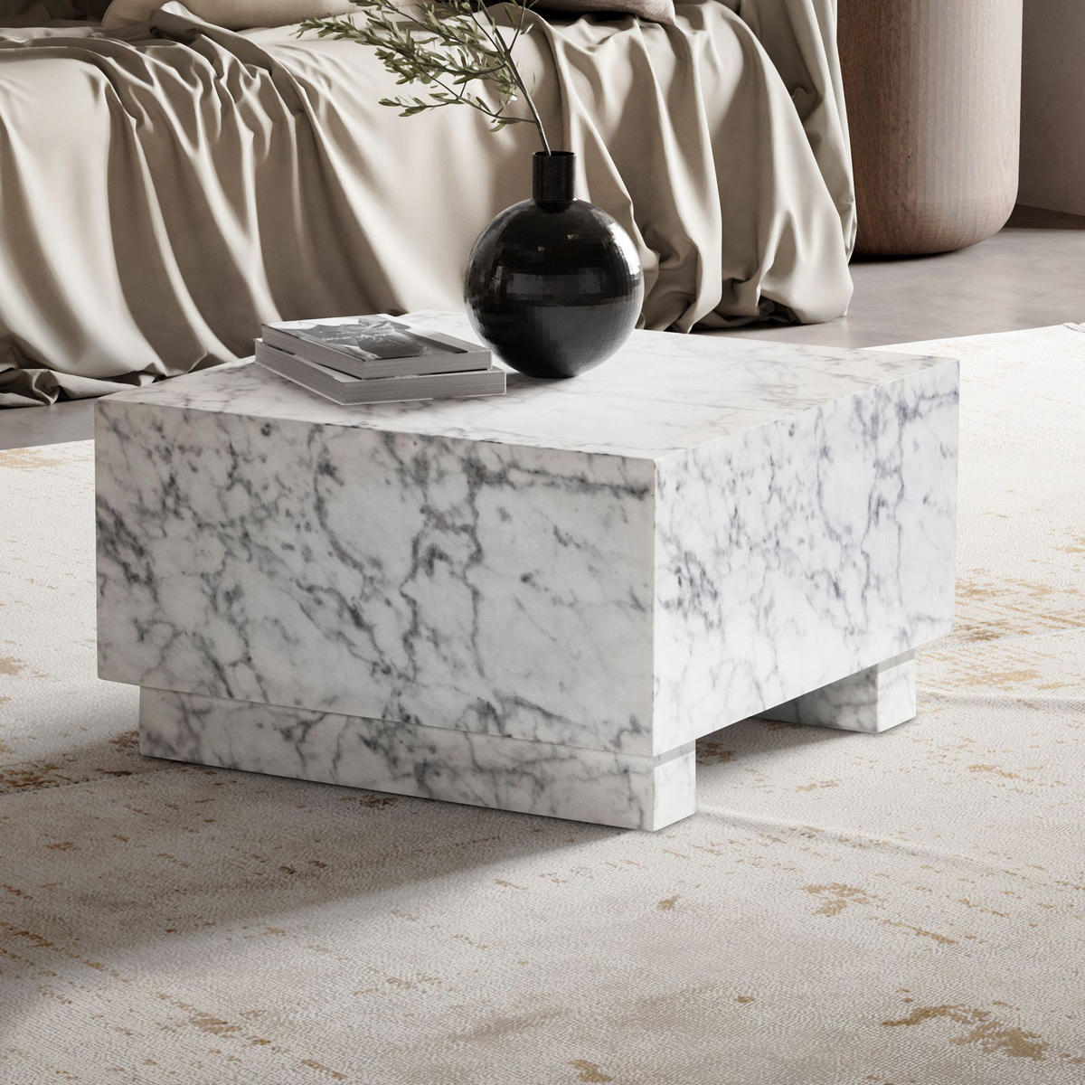 COUCHTISCH MONOBLOC in Hochglanz mit Marmor Optik, Quadratisch, Würfel-Form, Weiß 60x60x35 cm - Weiß, Holzwerkstoff (60/60/35cm) - KADIMA DESIGN