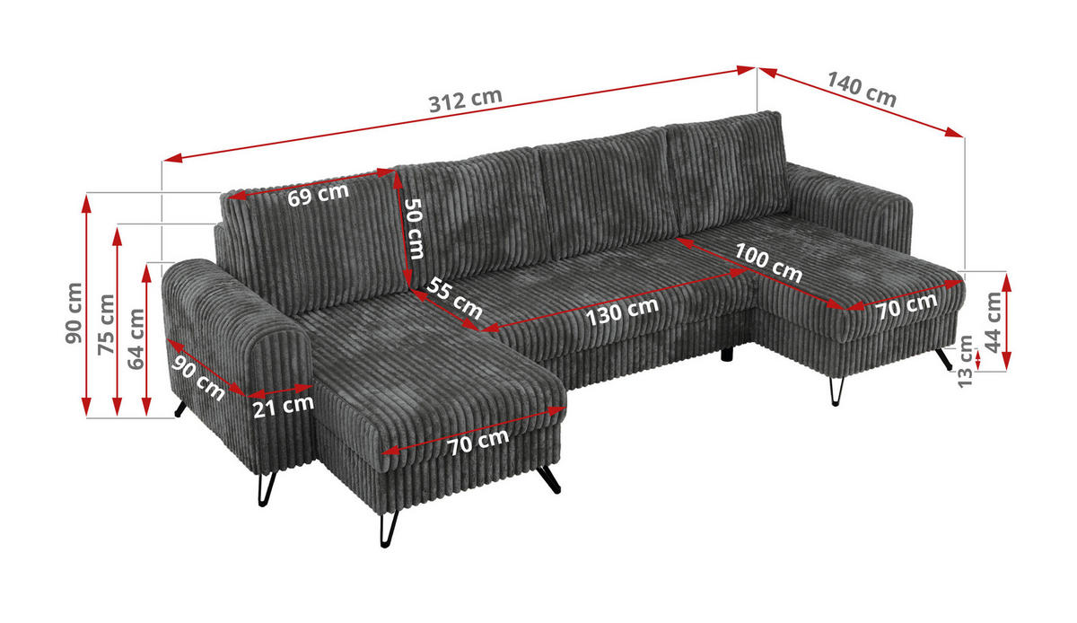 WOHNLANDSCHAFT AXEL U Cord Dunkelgrau - Schwarz/Grau, Textil/Metall (312/90/140cm) - MKS