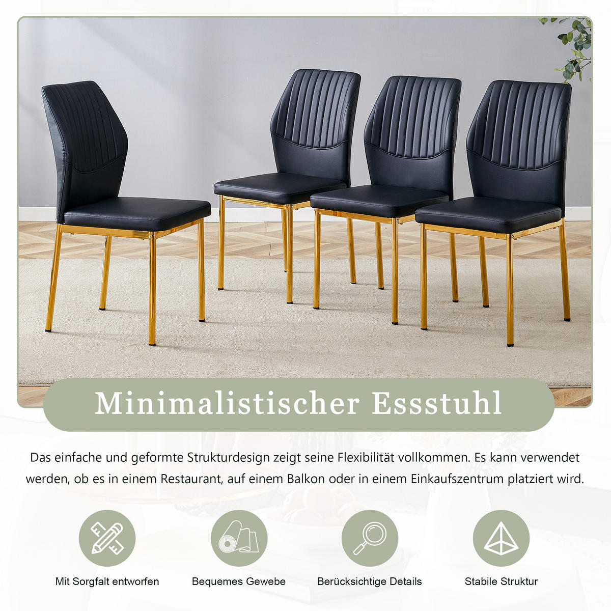STUHL-SET DE-36576 4 Stück mit PU-Bezug und Metallbeinen Schwarz - Schwarz, Metall (42.6/93/43cm) - ComfortXL