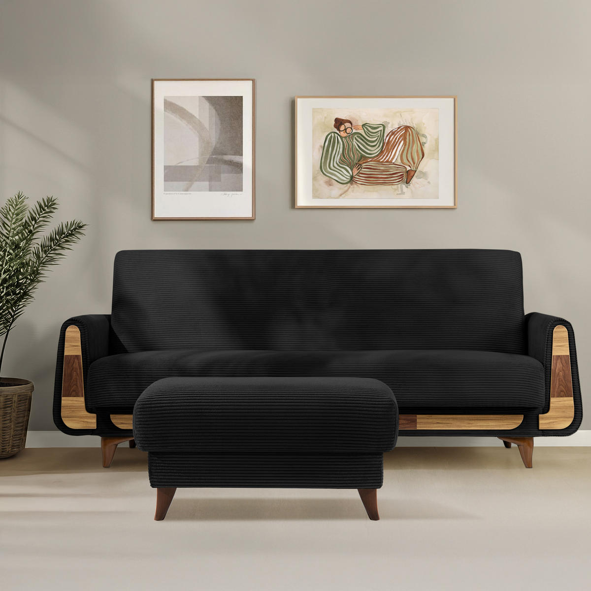 HOCKER GUSTAVO II, Schwarz - Schwarz/Braun, Holz/Holzwerkstoff (92/49/92cm) - KONSIMO®