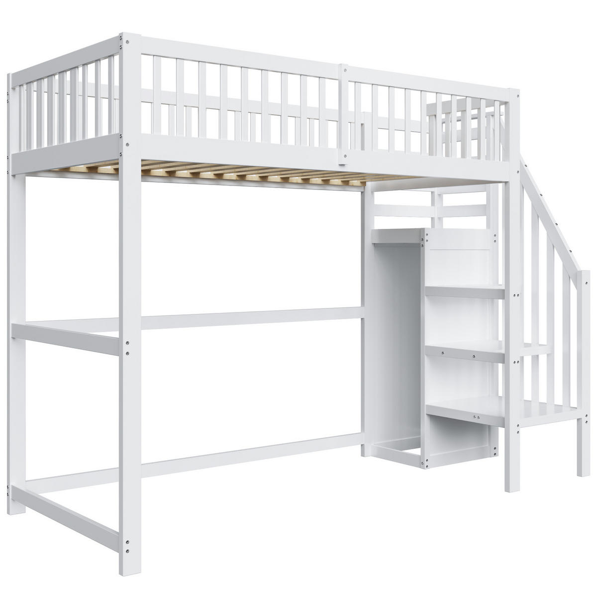 HOCHBETT aus Holz 90x200 cm in Weiß mit Treppe & Kleiderschrank - Weiß, Holz (90/200cm) - Modfu