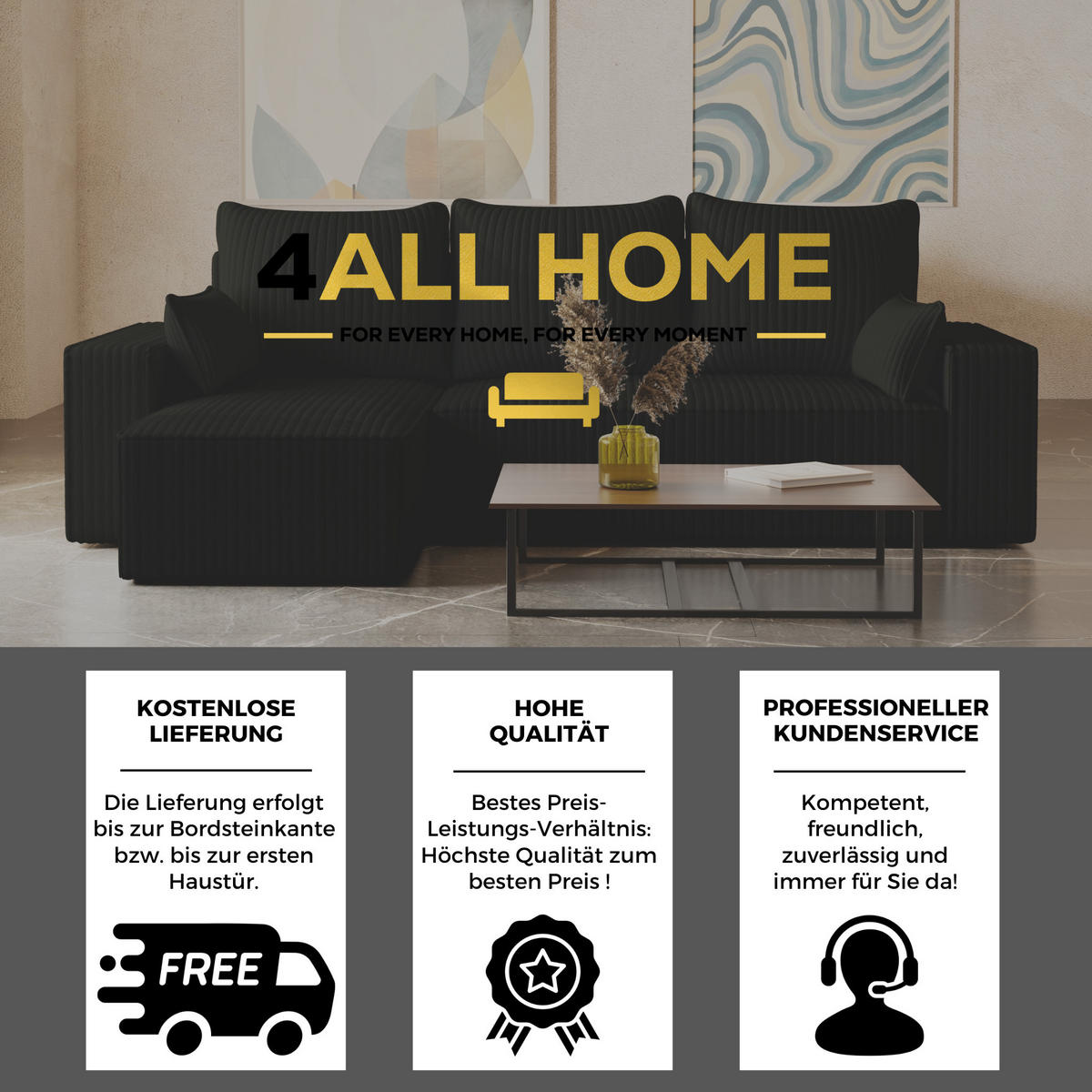 ECKSOFA Tobi mit Bettkasten und Schlaffunktion, L-Form/XL-Form, Cordstoff, Universal - Schwarz, Holzwerkstoff (246/145cm) - 4ALL HOME