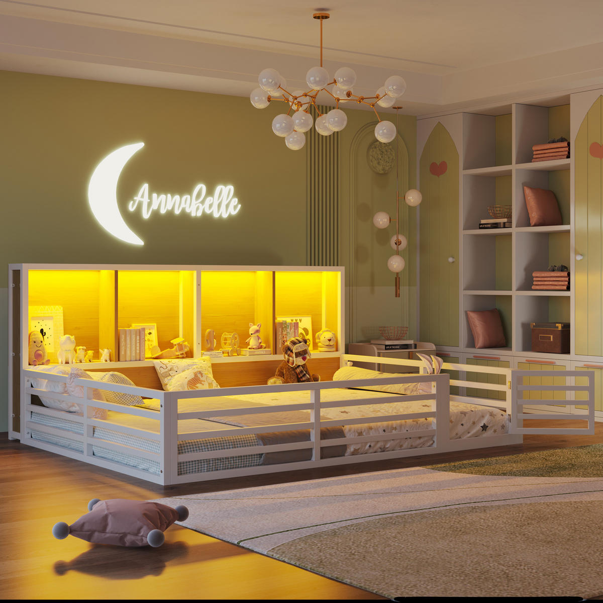 ZAUNBETT 140/200 cm weiß aus Metall und MDF mit Lattenrost, Stauraum und LED-Beleuchtung - Weiß, Metall (140/200cm) - OKMYHOME