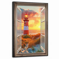 LEINWAND Bilder mit Rahmen - Aussicht - Fenster - Leuchtturm - Sonnenuntergang - Strand - 60x90 - Dunkelorange, Textil (60/90cm) - MuchoWow