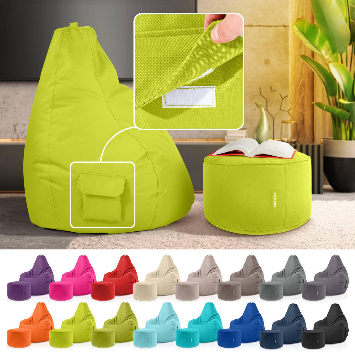 SITZSACK + Hocker "Cozy+Stay" 2er Set - Hellgrün, Textil (70/90/80cm) - Green Bean