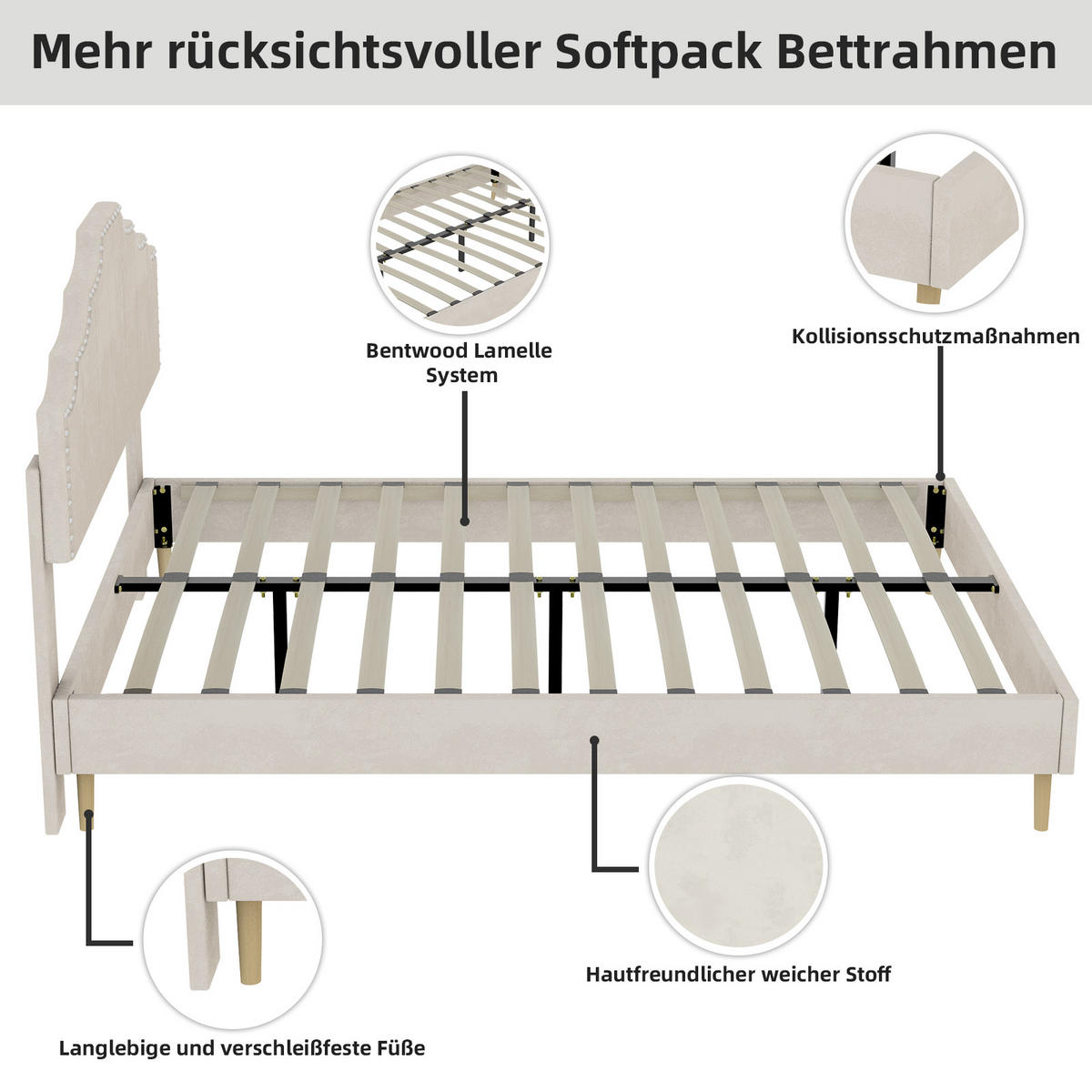 POLSTERBETT 140/200 cm in Beige Stoff - Beige, Holzwerkstoff/Textil (140/200cm) - WISHDOR