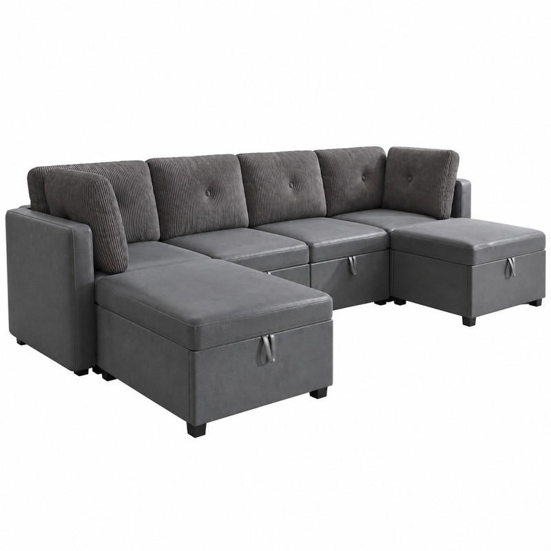 SOFA modular mit Stauraum ca. 261 x 132,5 cm Samt/Cord Antique Grey 6-teilig - Grau, Kunststoff (132.5/85/261cm) - Meubliv