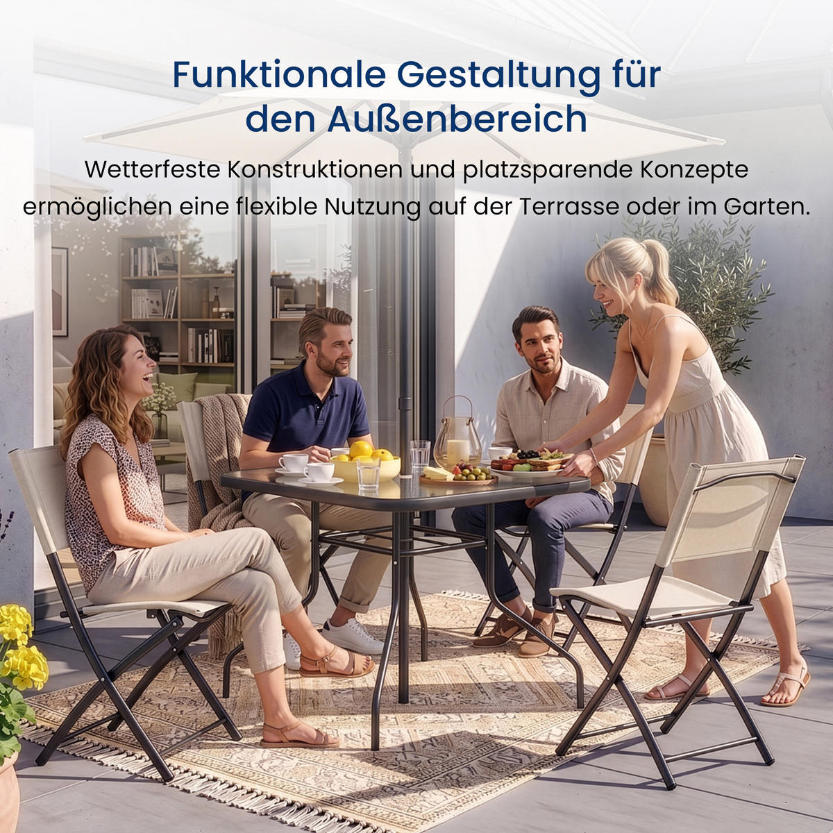 GARTENMÖBEL-SET mit 1 Esstisch. 4 Klappstühlen und 1 Aufstellschirm. Schwarz und Beige - Beige/Schwarz, Metall - Home Collective