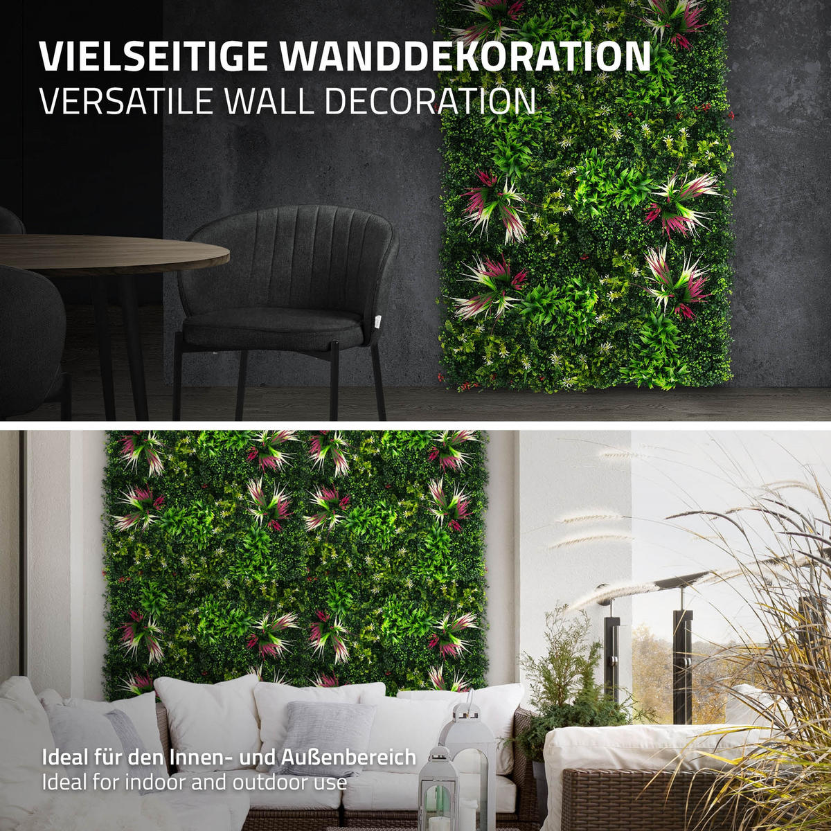 KÜNSTLICHE PFLANZENWAND 4er Set 50x50 cm Kunstpflanzen Wand Innen Aussen Grün Tropical Pink - Pink/Grün, Kunststoff (50/50/10cm) - ECD-Germany