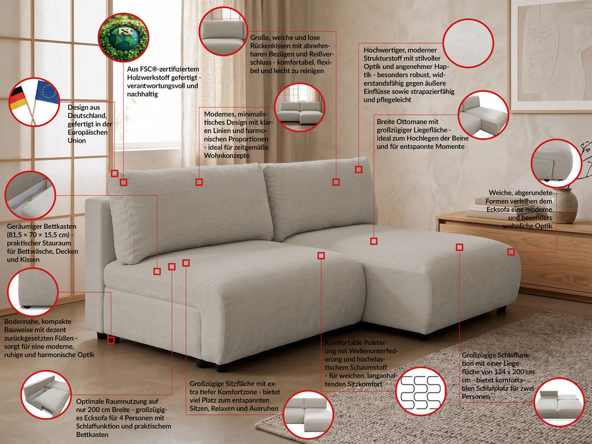 ECKSOFA Sora mit Schlaffunktion, Bettkasten und extra tiefer Komfortzone aus hochwertigem Taupe Strukturstoff - Taupe/Schwarz, Holz/Kunststoff (200/140cm) - S-Style