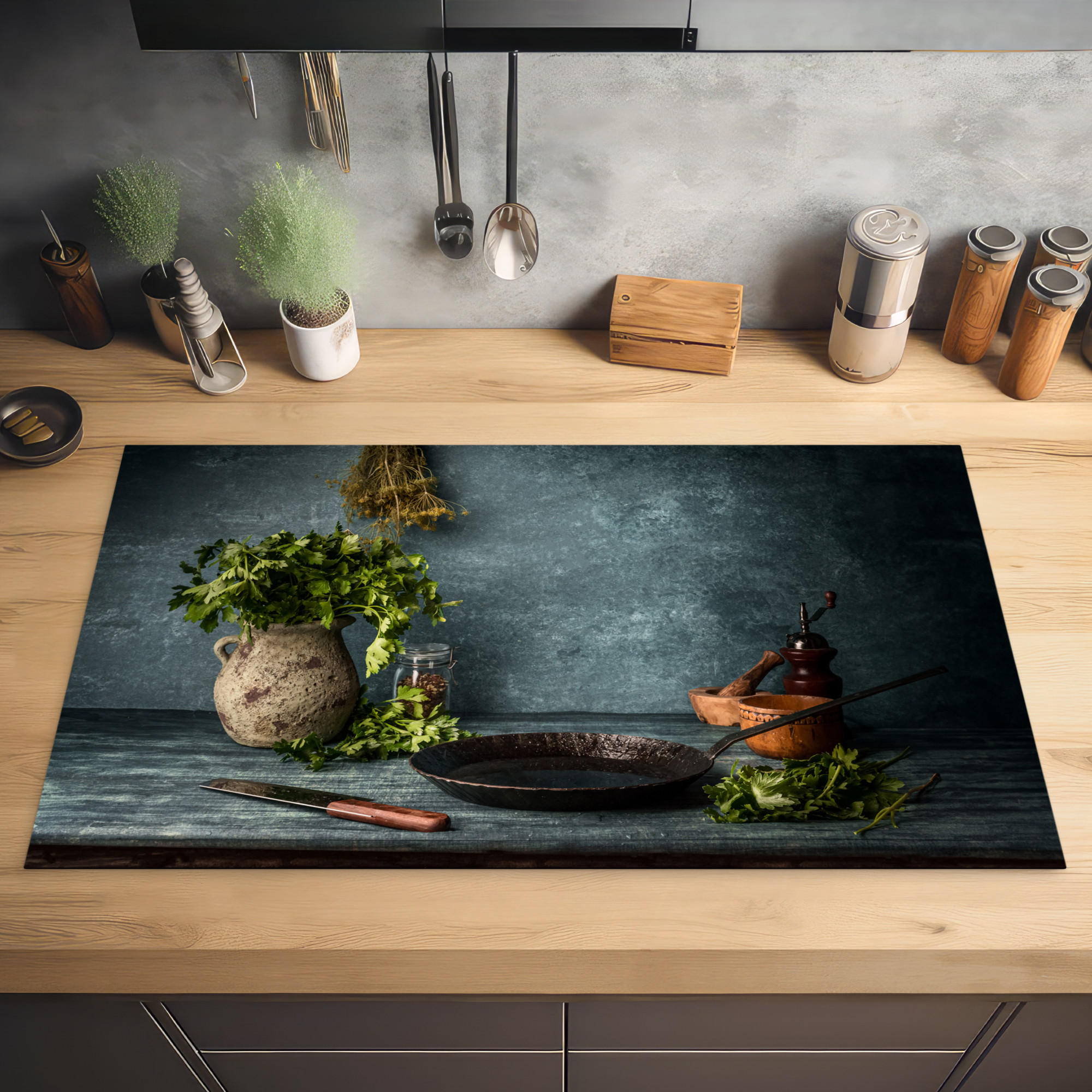 HERDABDECKPLATTE Kräuter - Gewürze - Pfanne - Messer - Grau - Rustikal 89x51 cm - Petrol, Kunststoff (89.6/0.2/51.6cm) - MuchoWow