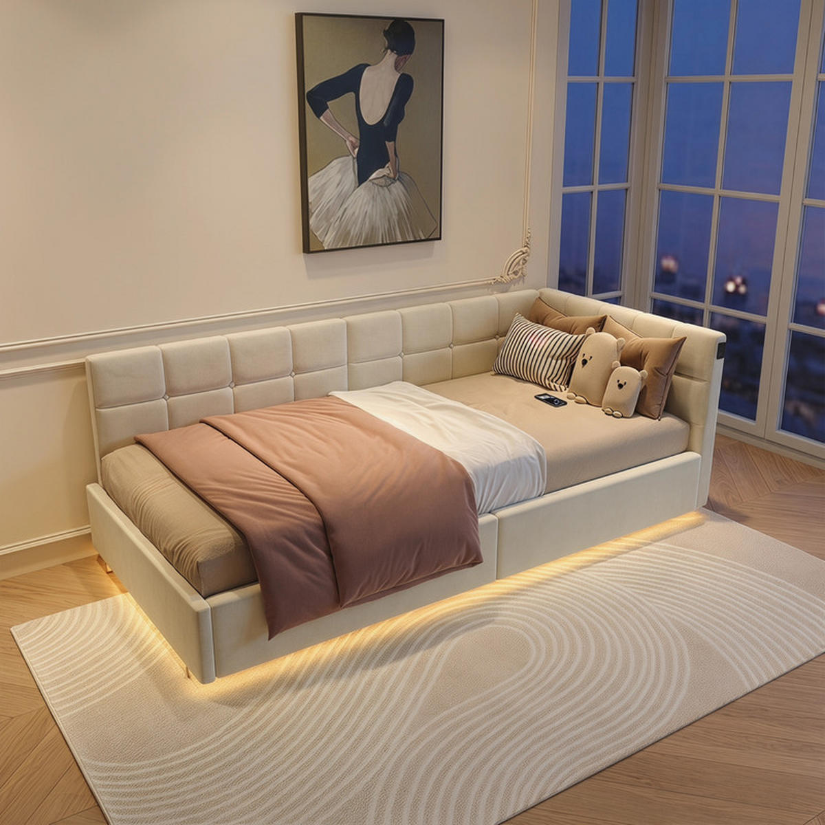 POLSTERBETT 90/200 cm creme mit RGB LED und USB - Creme, Holz - SHOPENTRA