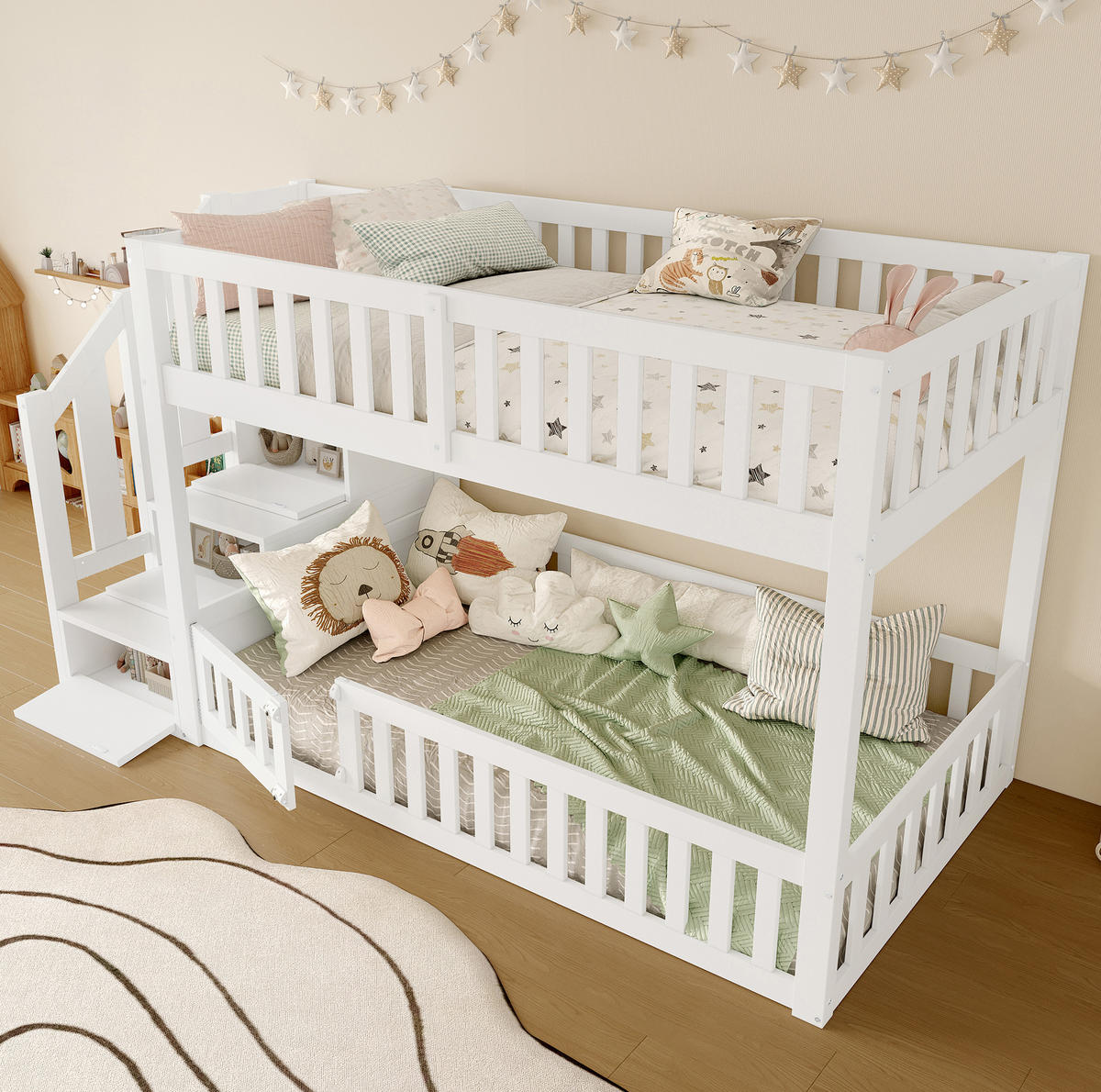ETAGENBETT 90/200 cm aus Kiefer und MDF mit Leiter, Stauraum und Schutzgitter, Weiß - Weiß, Holzwerkstoff (90/200cm) - Redom