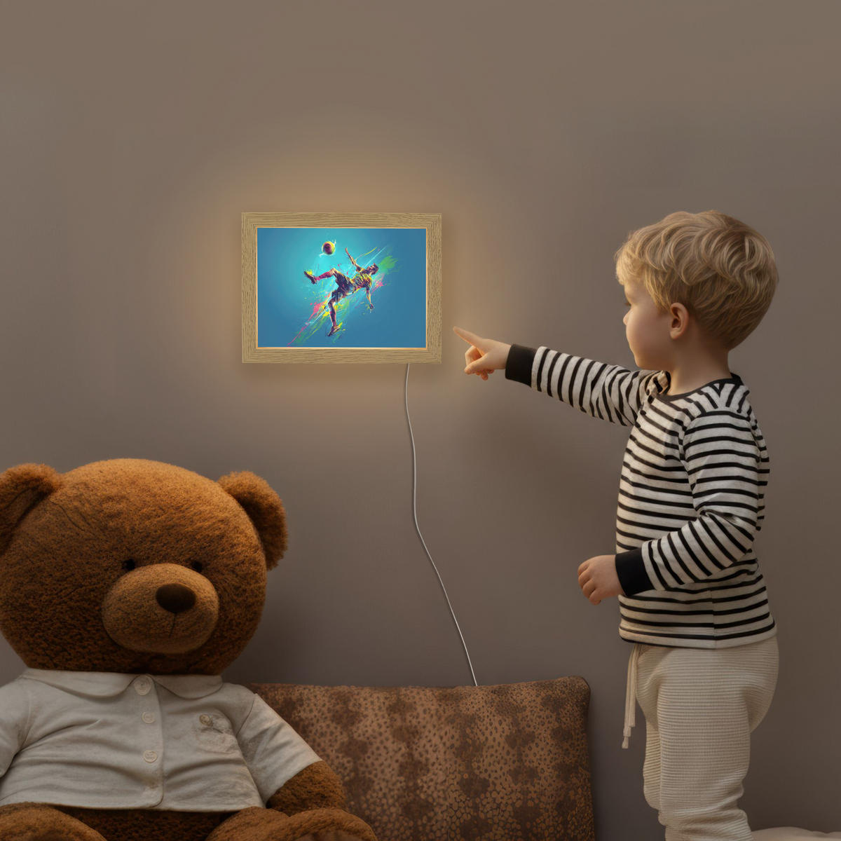 NACHTTISCHLAMPE Fußballer - Farbspritzer - Farbenfroh - Ball 20x15 cm - Blau, Holzwerkstoff (8/20/15cm)