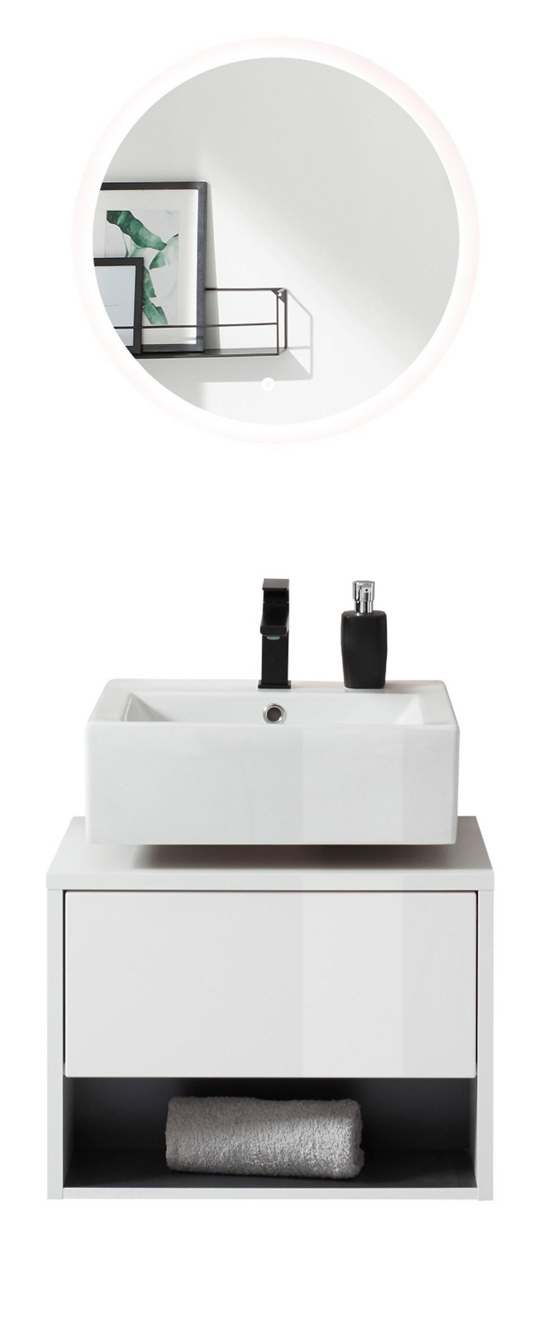 BADMÖBEL Set 2-teilig in weiß Hochglanz und grau mit LED Beleuchtung 60 x 190 cm Glide - Weiß Hochglanz/Grau, Glas/Holzwerkstoff (60/190/46cm) - Furn.Design