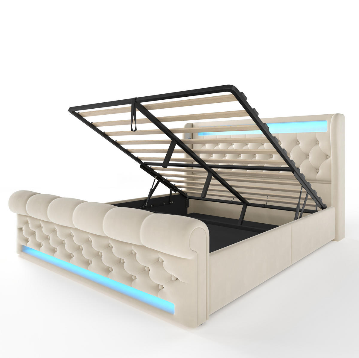 POLSTERBETT aus Samt 140x190 cm Beige mit LED-Beleuchtung, USB-/Typ-C-Anschlüssen und Bettkasten - Beige, Textil (140/190cm) - IVMEU