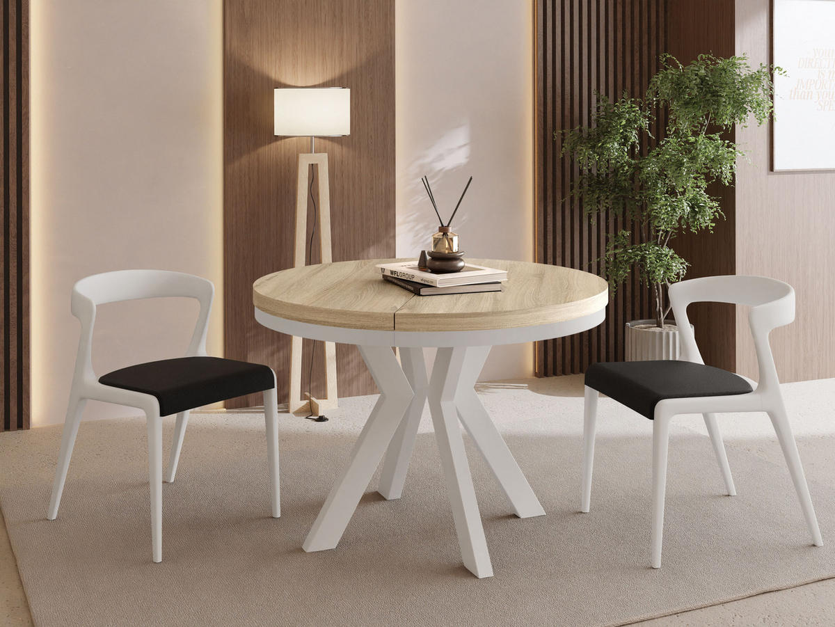 ESSTISCH Savio Weiß Neo rund ausziehbar verlängerbar XXL, Eiche Sonoma Hellbraun 100-300/100/77 cm - Weiß/Sonoma Eiche, Holz/Holzwerkstoff (100/100/77cm) - WFL GROUP