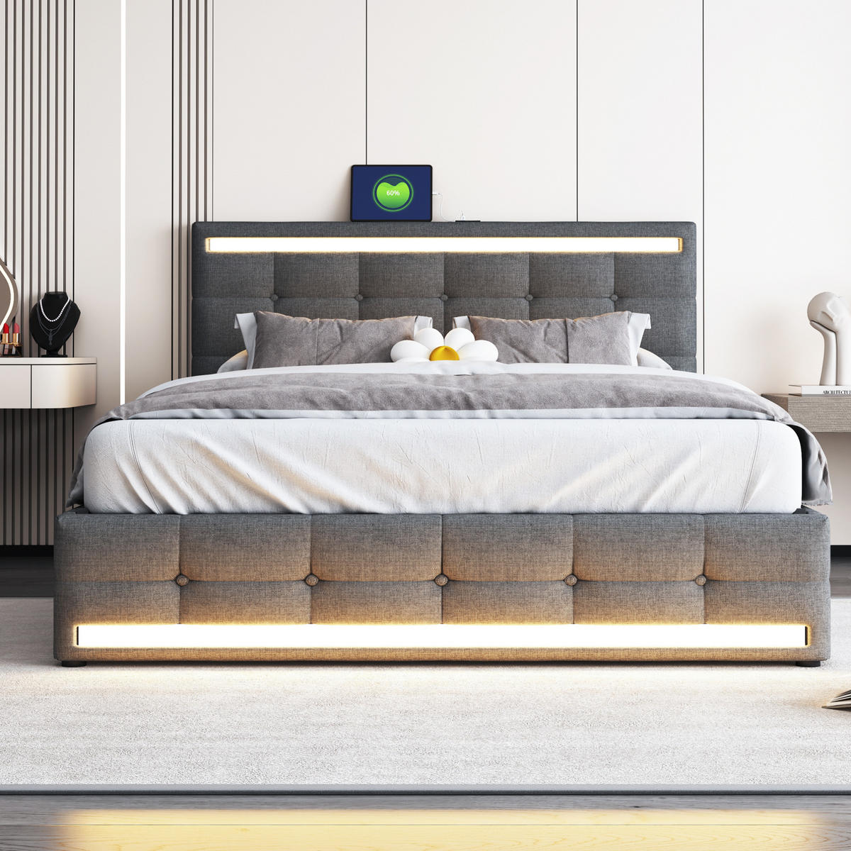 ČALOUNĚNÁ postel 140/200 cm šedá, čalouněná s LED osvětlením, USB a úložnými zásuvkami - šedá, textil (140/200cm) - BEAOK