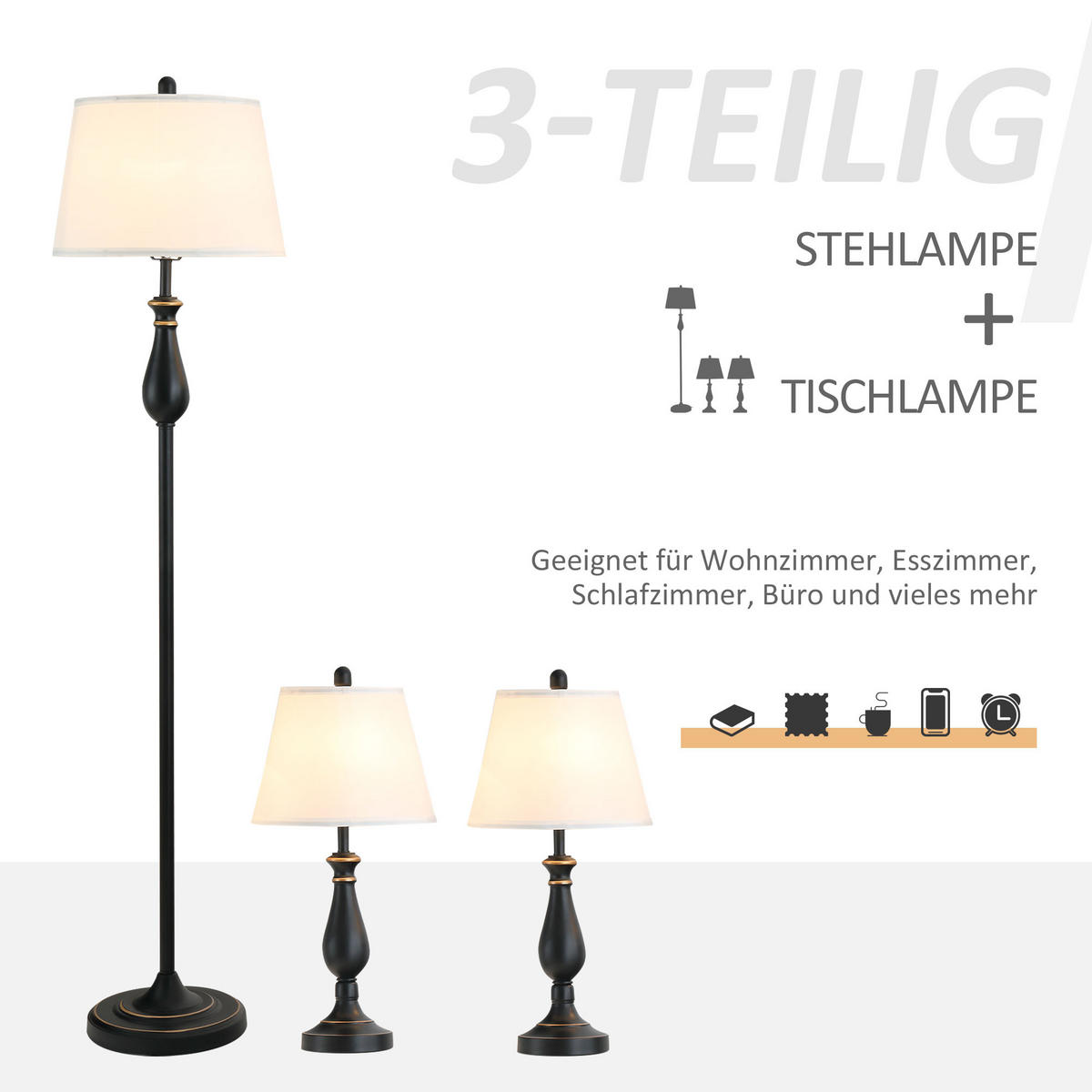 LAMPENSET, 3-tlg., Schwarz+Weiß, Metall, PS - Multicolor, Metall (38/158/30cm) - HOMCOM