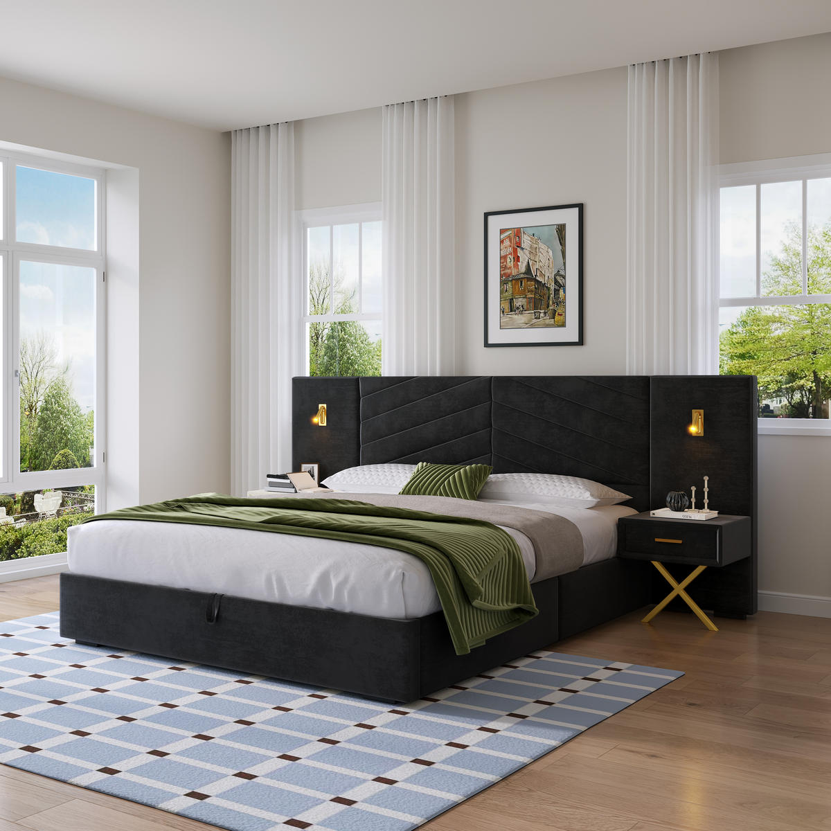 POLSTERBETT 160/200 cm Schwarz mit 2 Bettbänke und 2 LED-Leuchten - Schwarz, Holz (160/200cm) - Oxeza