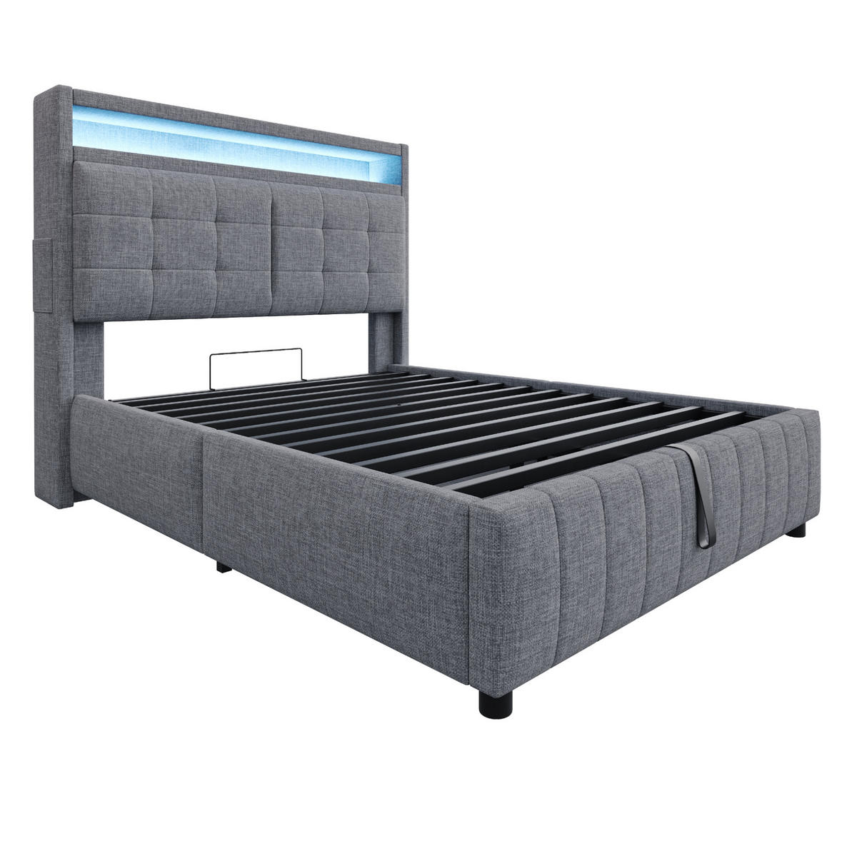 POLSTERBETT mit LED-Beleuchtung 140/200 cm mit Bettkasten und gepolstertem Kopfteil - Grau, Textil (140/200cm) - BEAOK
