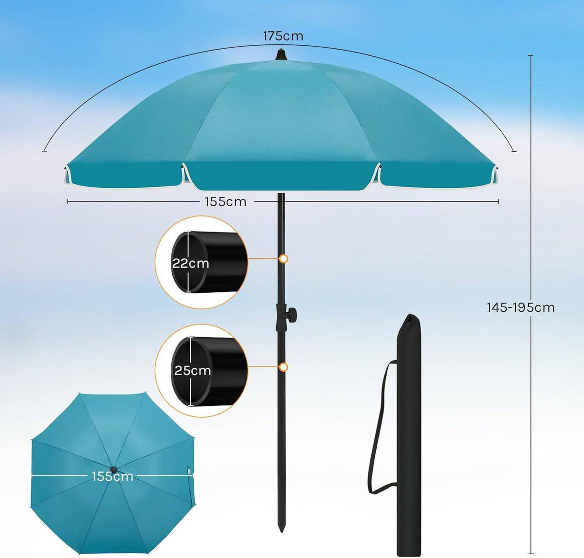 SONNENSCHIRM, Balkonschirm Strandschirm UV-beständig wasserdicht - Blau, Metall (155/155cm) - Woltu