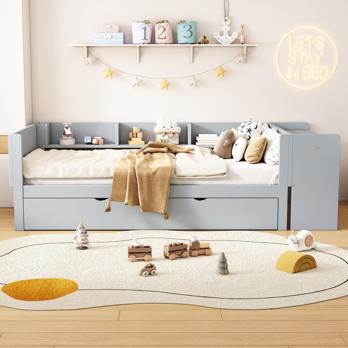 FLACHBETT 90/200 cm Grau mit ausziehbarem Bett und Schreibtisch aus Kiefernholz und MDF - Grau, Holz (90/200cm) - OKWISH