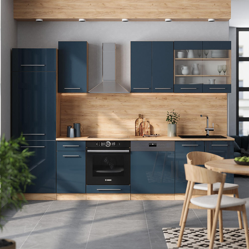 KÜCHENZEILE Fame-Line Dunkelblau Hochglanz/Goldkraft Eiche 300 cm AP Marmor - Eiche Wotan/Dunkelblau, Holzwerkstoff (300/81.6/60cm) - Vicco