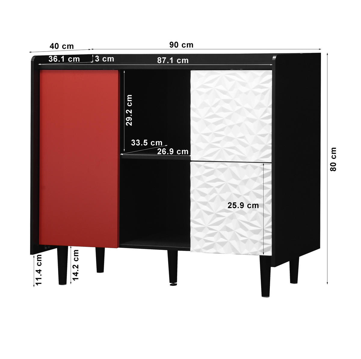 SIDEBOARD 90/40/80 cm, 2 Schubladen, offenes Fach und Tür, MDF Schwarz/Rot, Schwarz/Rot - Rot, Holzwerkstoff (90/80/40cm) - Redom