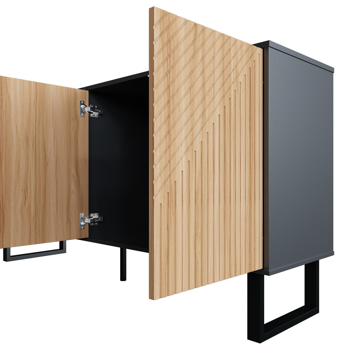 SIDEBOARD Schwarz Holzmaserung 3D-Streifen Extra Stauraum - Schwarz, Holzwerkstoff (38/75/160cm) - FLIEKS