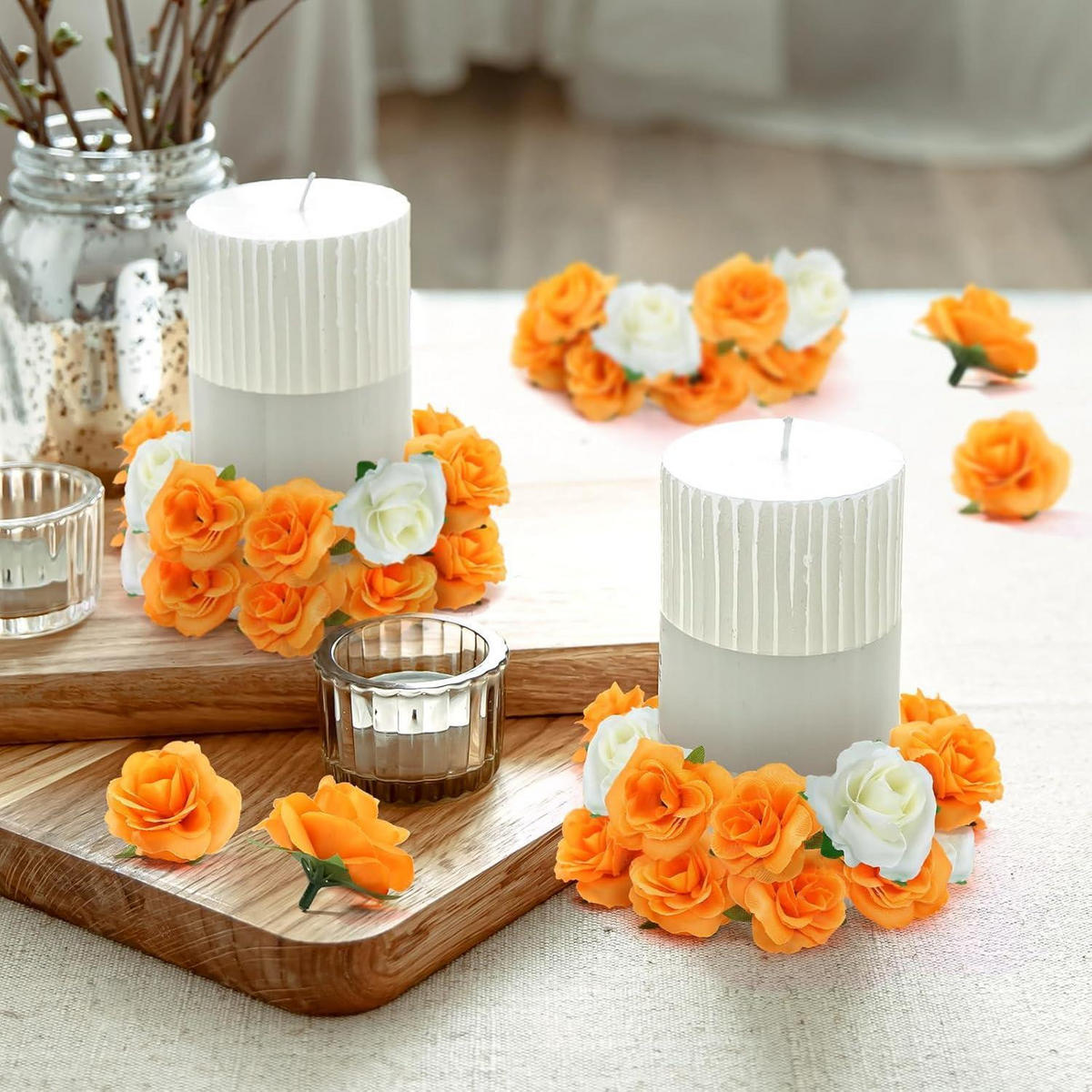 KÜNSTLICHE Blumenköpfe Rosen 50-teiliges Set Orange 4 cm - Orange, Kunststoff (1cm)