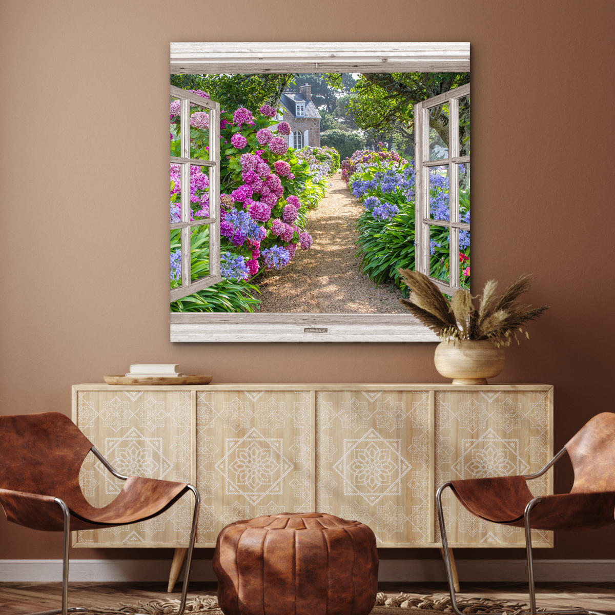 KOVOVÝ OBRAZ Hortenzie - Priehľadné - Kvety - Leto - Fialová - Cesta 90x90 cm - lila, kov (90/90cm) - MuchoWow
