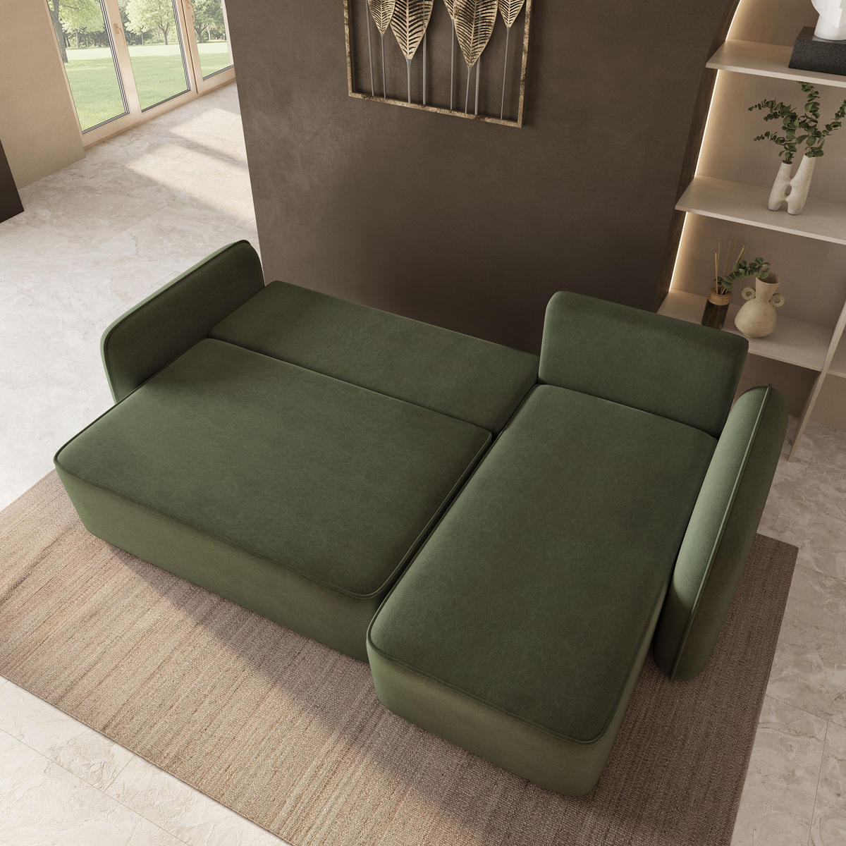 ECKSOFA DOLVER CL Olivgrün Samtstoff mit Schlaffunktion - Olivgrün, Holzwerkstoff/Textil (238/156cm) - MASSENO