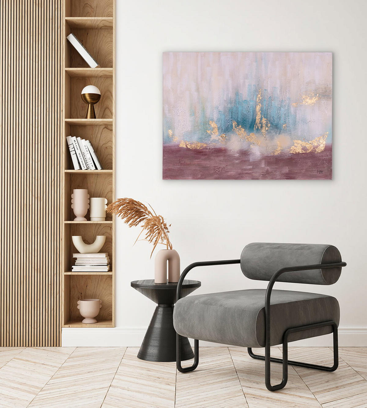 RUČNE MAĽOVANÝ AKRYLOVÝ OBRAZ 100/75 cm, tyrkysový, abstraktný geometrický motív - tyrkysová, drevo/textil (100/75cm) - KUNSTLOFT