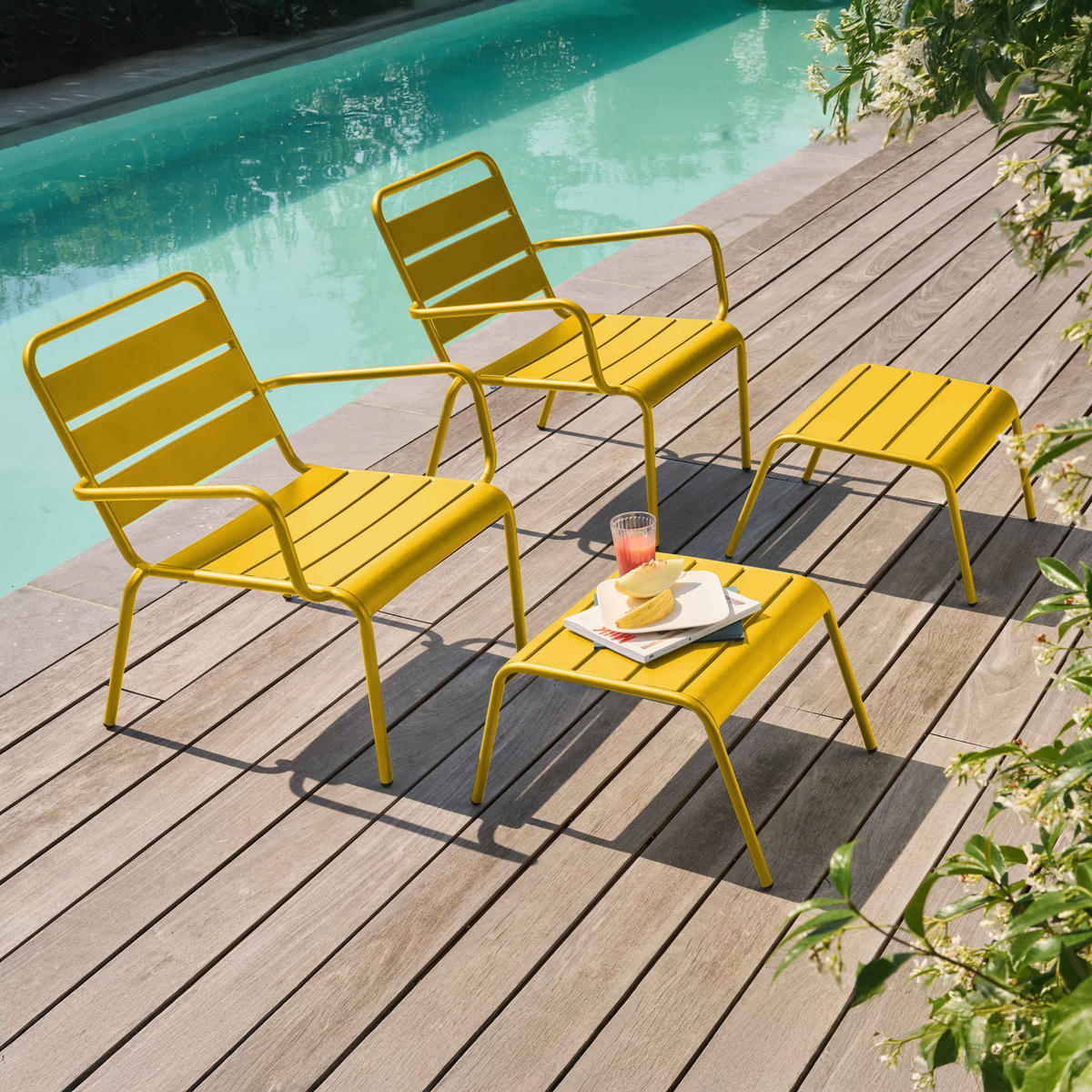 RELAXSESSEL MIT HOCKER 2-tlg., Gelb - Gelb, Metall (64/72/60cm) - Oviala