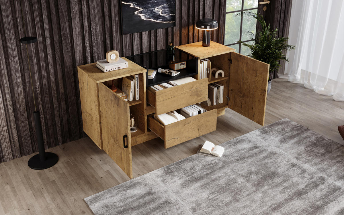 SIDEBOARD in Eichenoptik mit braun getöntem ESG-Glas, 2 Schubladen, 2 Türen und offenem Fach, schwarze Griffe, 140/40/70 cm, Eichenoptik - Eichefarben, Holzwerkstoff (140/70/40cm) - Redom