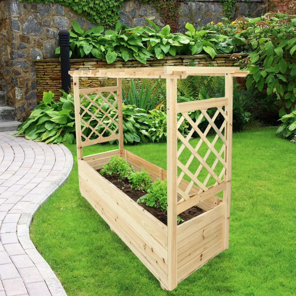 PFLANZKASTEN mit Rankgittern & Dach - Tannenholz - 128 x 44 x 103cm - Naturfarben, Holz (128/103/44cm) - holz4home