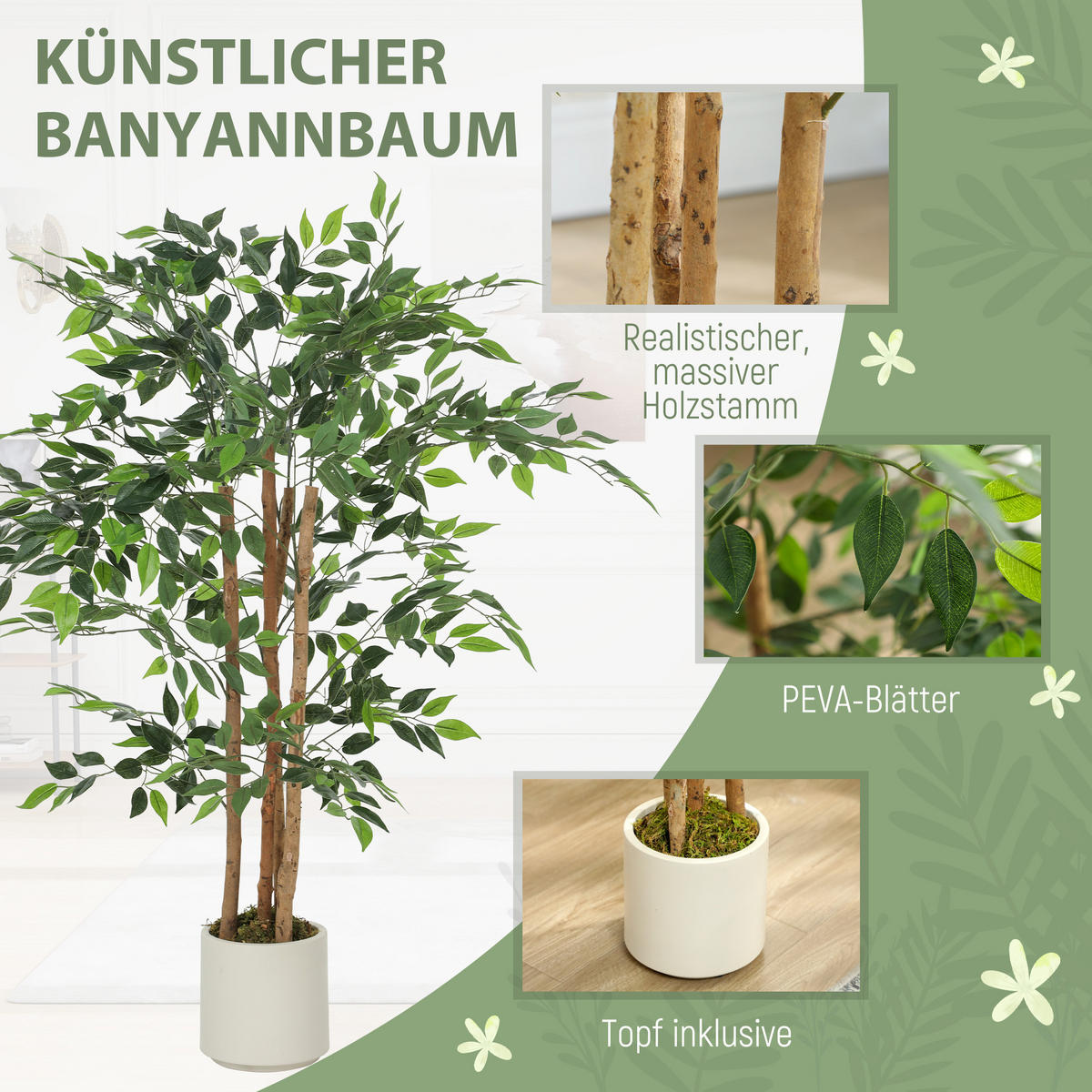 KUNSTPFLANZE PEVA-Holz Grün - Braun/Weiß, Holz/Kunststoff (120cm) - HOMCOM