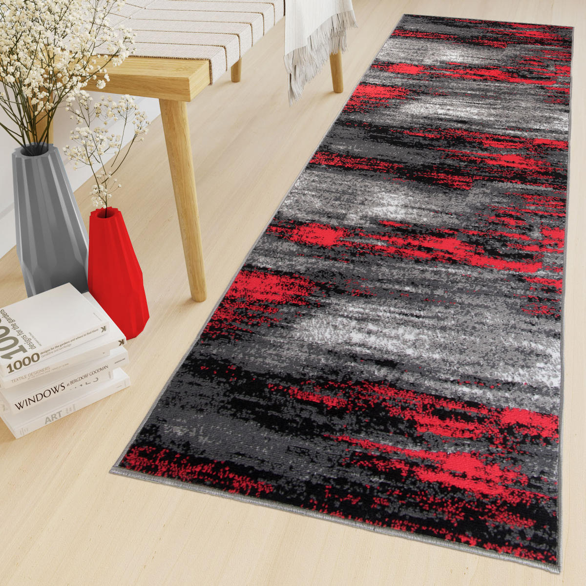 LÄUFER MAYA Schwarz Rot 70/400 cm - Rot, Textil (70/400cm) - Tapiso