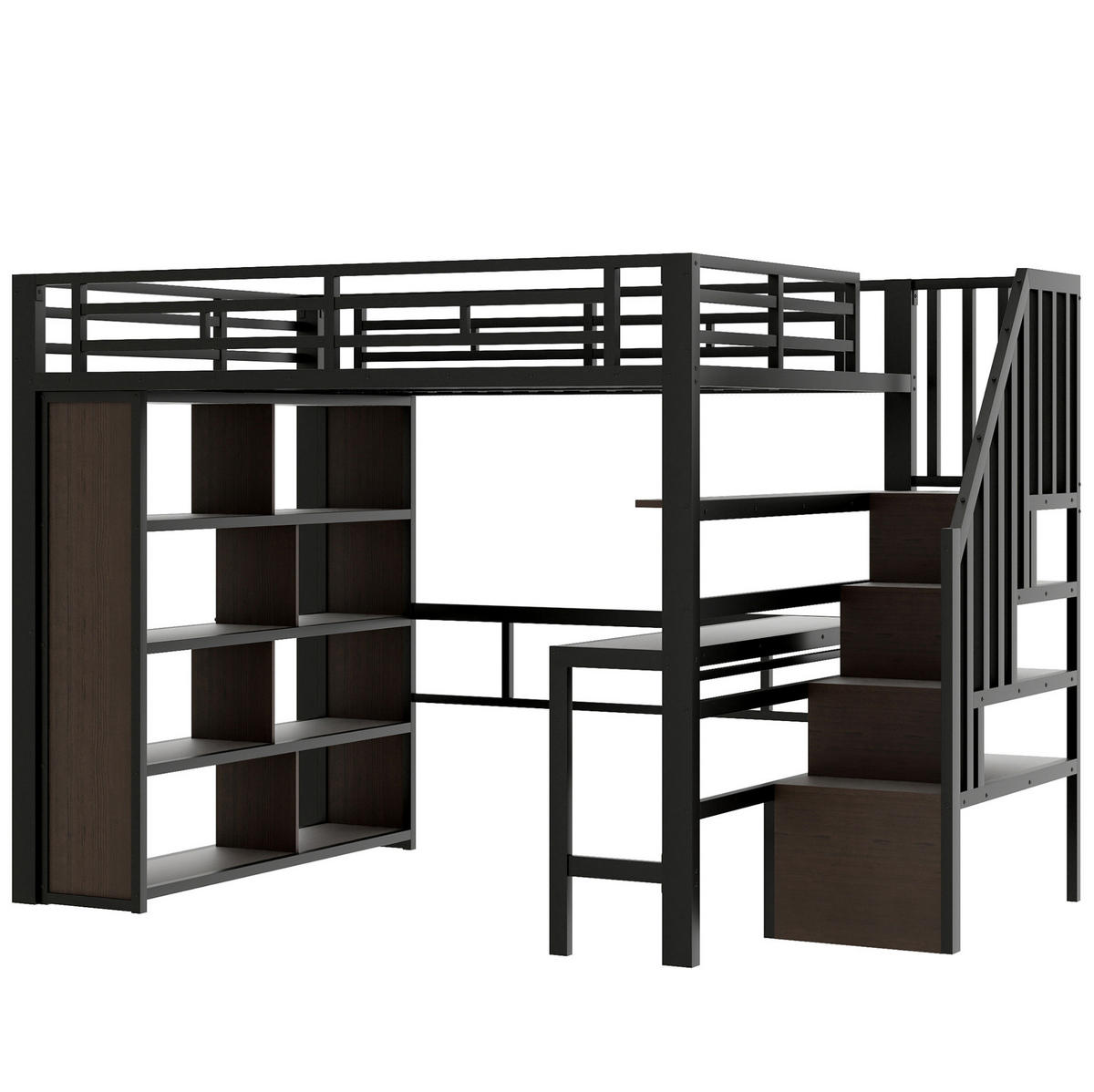 HOCHBETT 140/200 cm aus Metall mit Schreibtisch, Stauraumstufen und LED-Lichtleiste Schwarz - Schwarz, Metall (140/200cm) - Modenvie