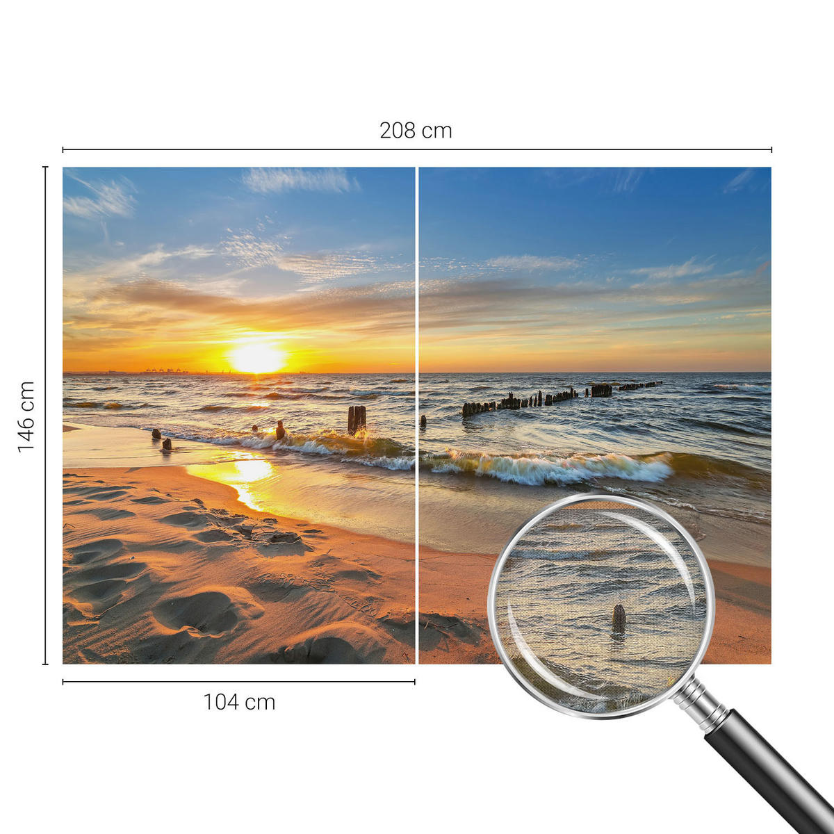 FOTOTAPETE 208x146 cm - Sonnenuntergang am Strand - Gelb, Textil (208/146cm) - Wallfluent