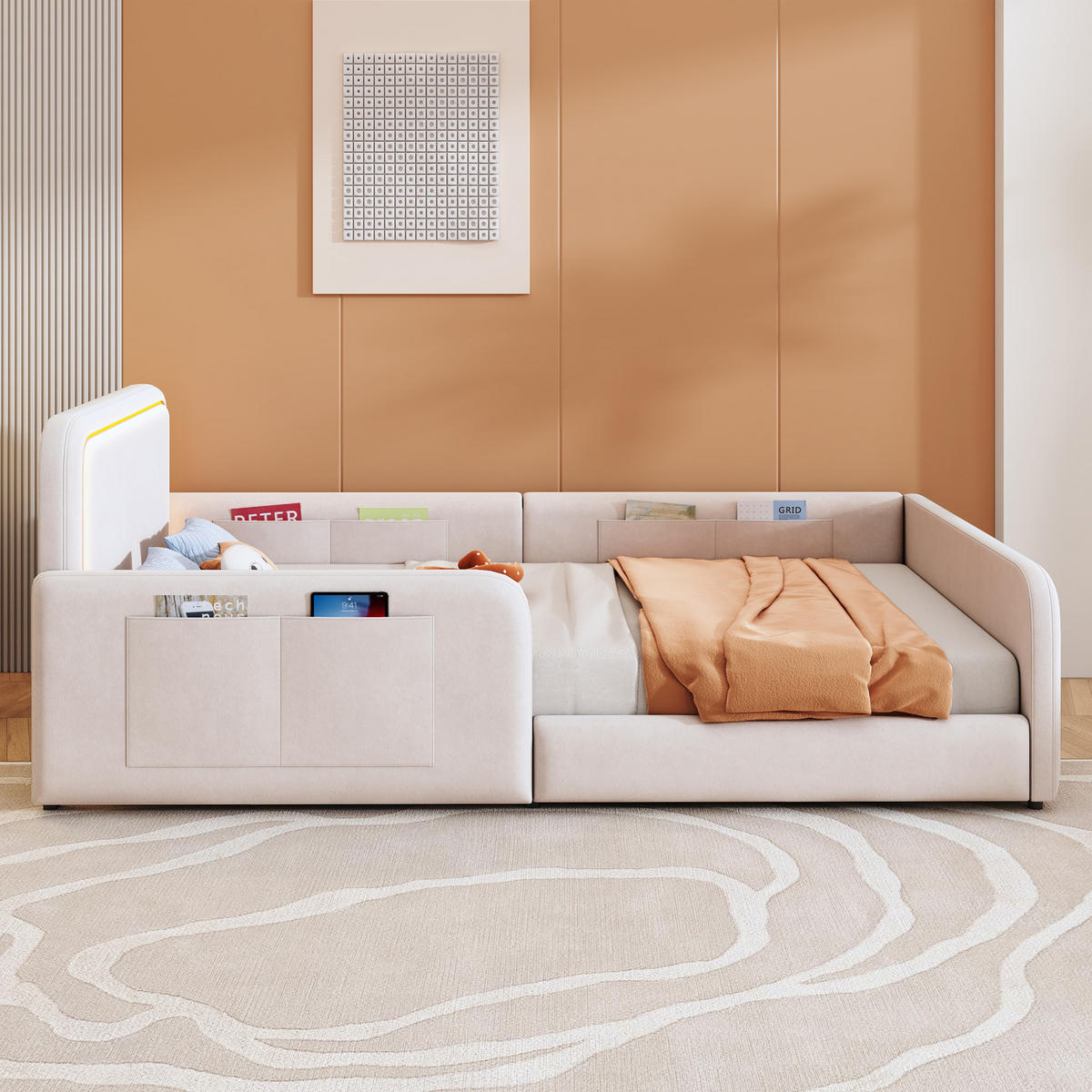 BETT 90/200 cm in Beige mit LED, Aufbewahrungstaschen, Samt und gepolstertem Design - Beige, Holzwerkstoff/Textil - STILVORA